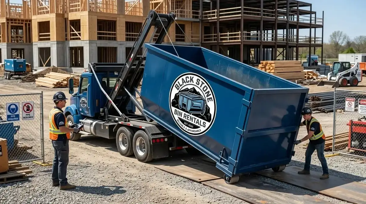Black Stone Bin Rentals crew members in hard hats and hi-vis vests as a roll-off truck sets a container down on a construction site