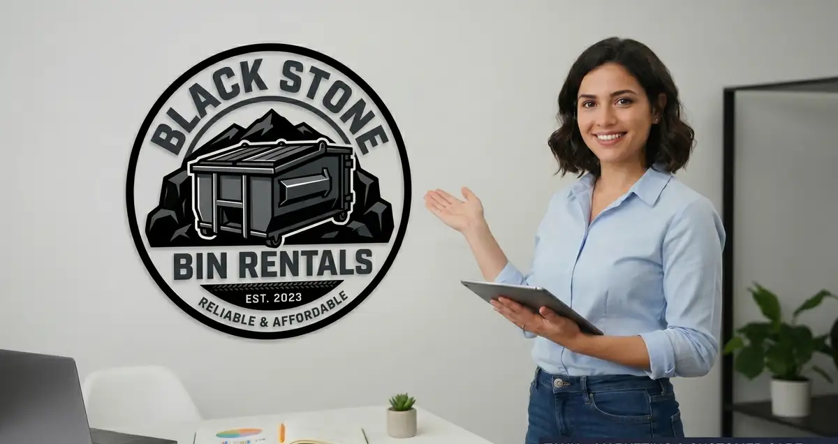 Black Stone Bin Rentals customer-care team member holding a tablet in the office