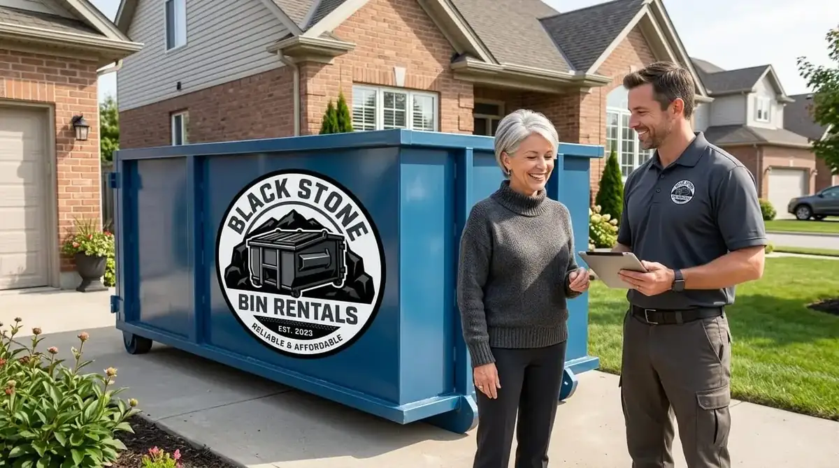 Homeowner talking with a Black Stone Bin Rentals crew member beside a blue roll-off container in front of a brick house