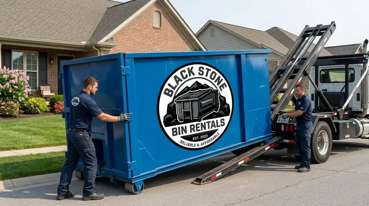 Dumpster rental in Norton, MA A Black Stone Bin Rentals crew member guiding a blue roll-off container off the truck onto a driveway in front of a brick house