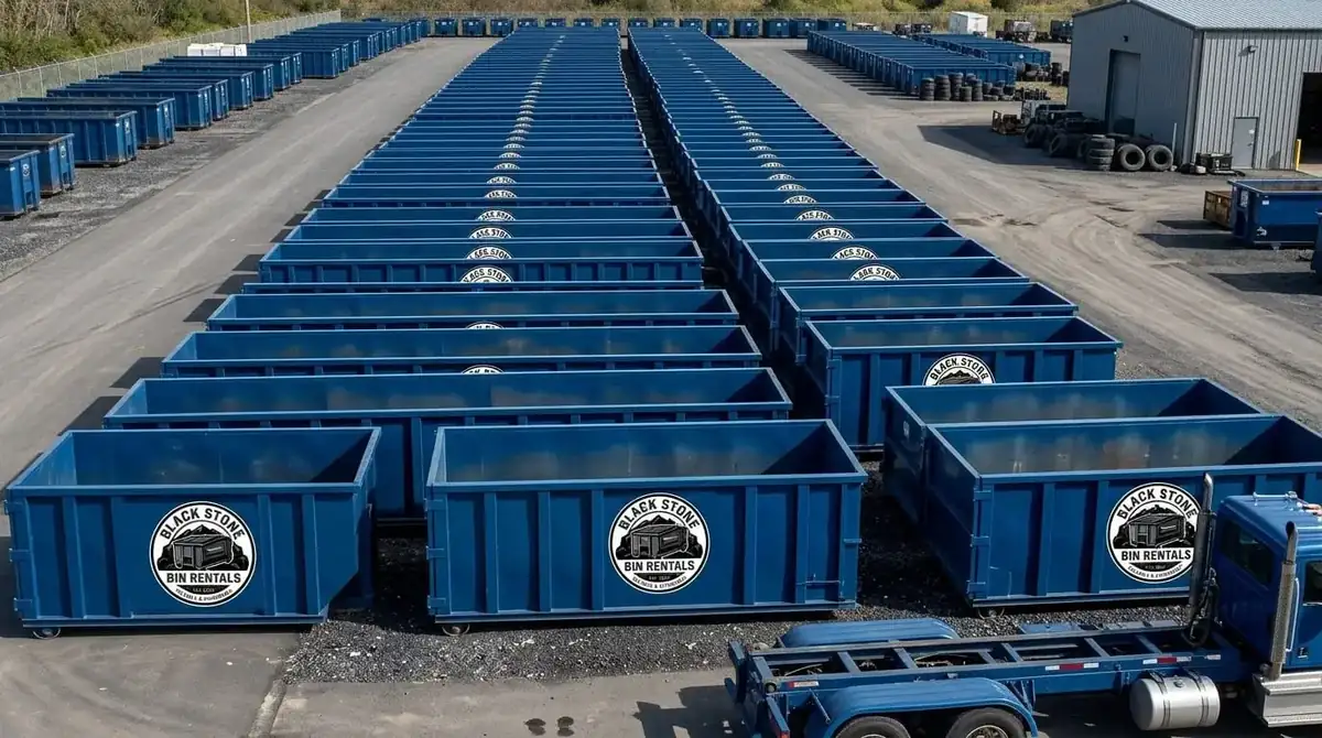 Long rows of blue Black Stone Bin Rentals roll-off containers on a paved lot beside a metal building