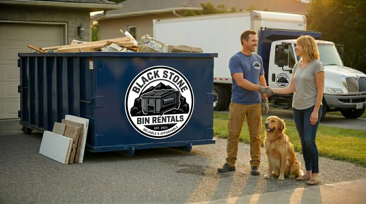 Homeowner couple with their dog beside a loaded Black Stone Bin Rentals roll-off container in their driveway, with the roll-off truck behind